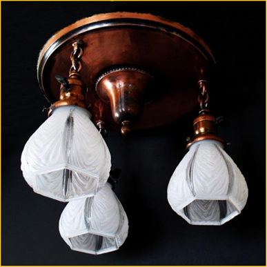 Title: Antique Light Fixture - Description: Copper flush mount ceiling fixture, round pan style with three drop down glass shades, circa 1900.