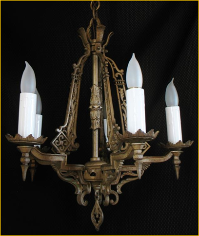 Title: Antique Lighting, Winnipeg Manitoba - Description: Five light electric candle style heavy cast ceiling fixture, Art Deco 1920s.