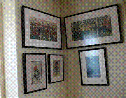 Title: Annapolis Royal Gallery-Japanese woodblocks - Description: Interior image of Harris House Fine Art at Annapolis Royal Nova Scotia showing framed Japanese woodblock prints by Toyokuni, etc.