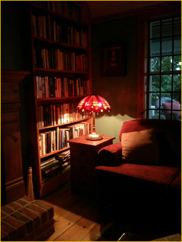 Title: Harris House Antique Lighting customer photo - Description: A picture of our stained glass, brass and copper antique Miller table lamp in its Burlington, Ontario home