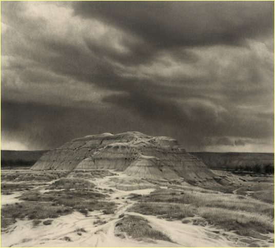 Title: Alberta Artist Michael Hames Drawings - Description: Graphite on Panel Alberta Badlands Landscape by Michael Hames, Canadian Artist