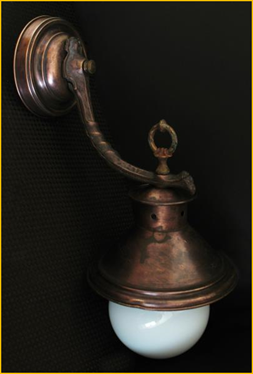 Title: Wall Mount Antique Copper Porch Light - Description: Circa 1910 large wall mount porch light with five inch bulb.