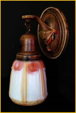 Title: Art Nouveau wall sconces - Description: Lively original colours on metal wall sconces and original painted glass shades, circa 1900.